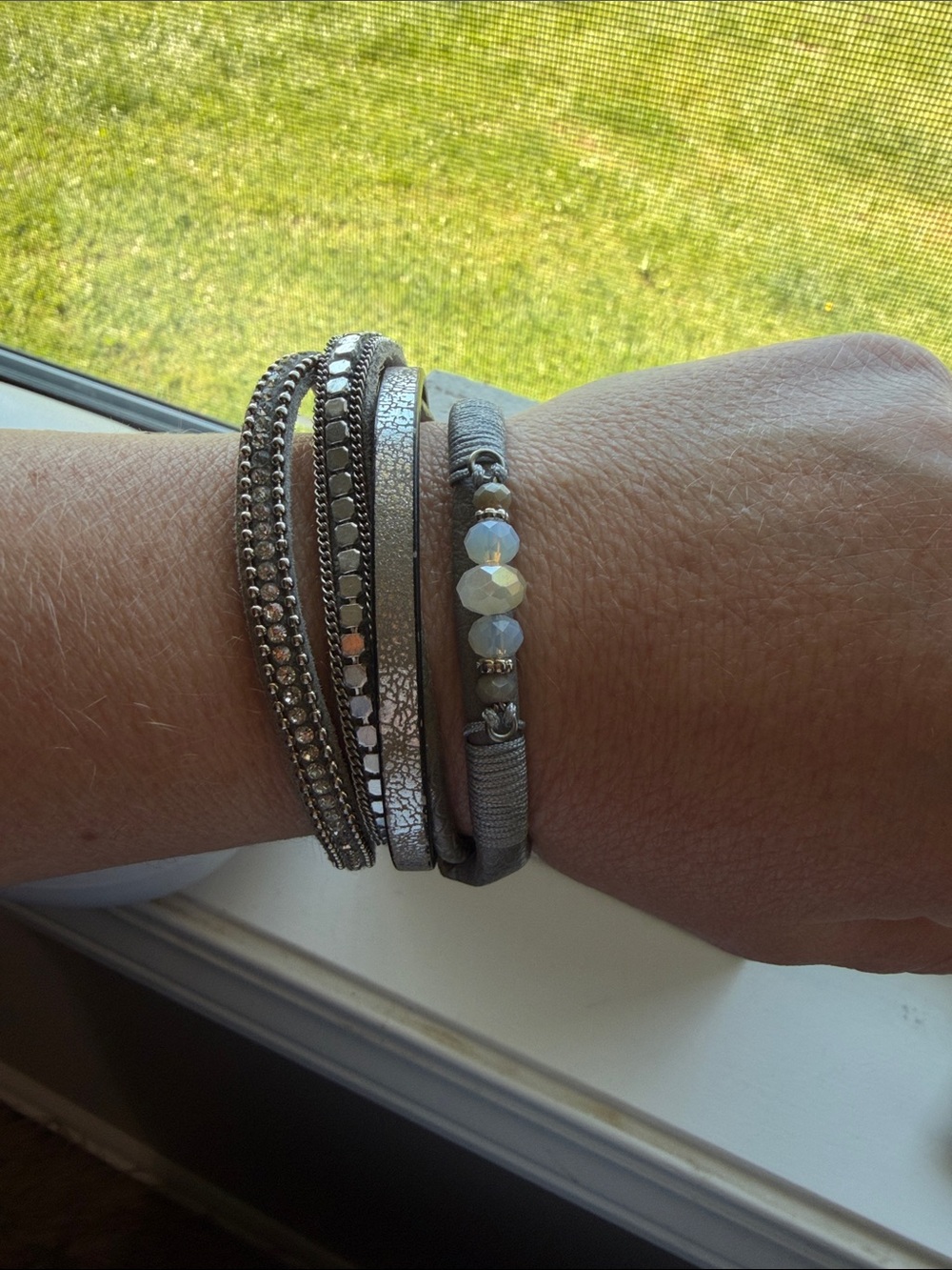 BKE Silver Multi-Row Wrap Bracelet with Faceted Beads and Leather Straps
